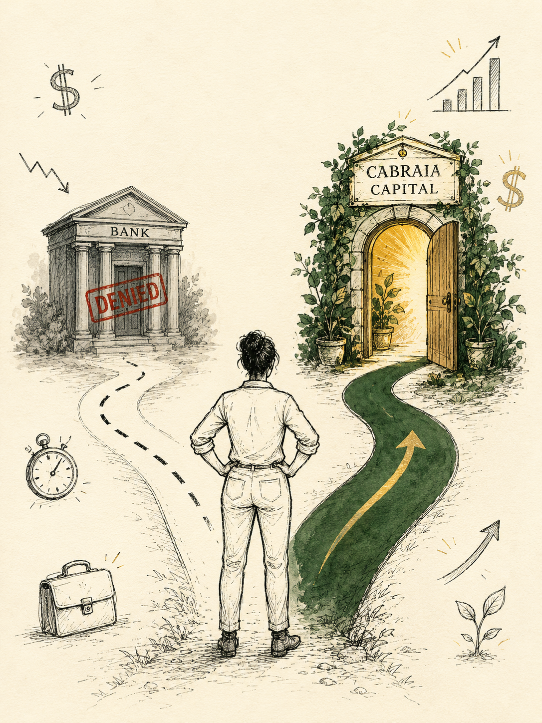 A business owner standing at a fork in the road: a cold gray bank stamped DENIED on the left, and a warm open door labeled Cabraia Capital on the right.